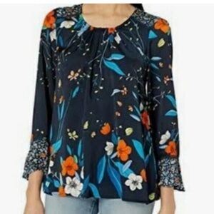 Nanette Lepore Navy Floral Blouse Mixed Print Bell Sleeves Boho Womens Sz S